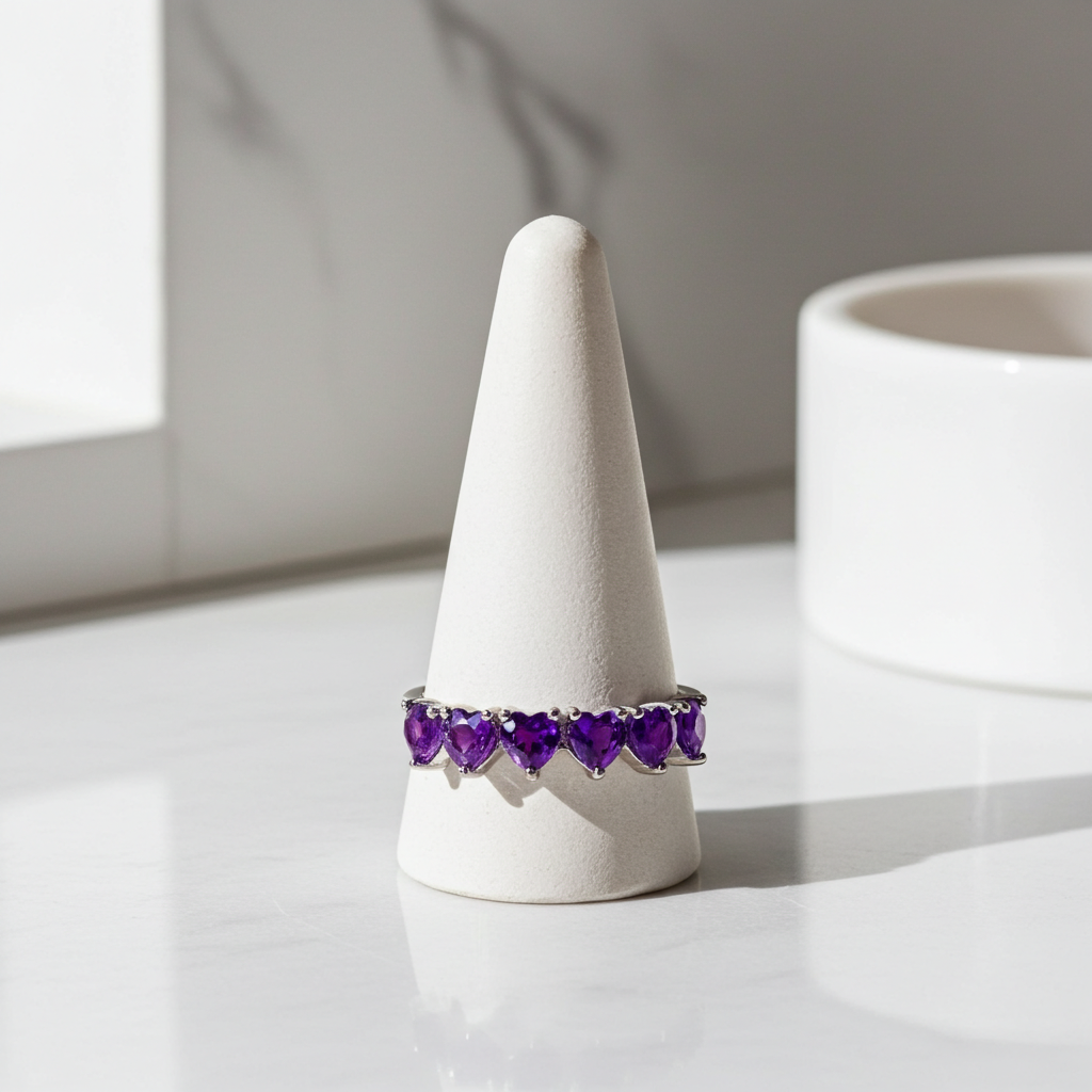 Heart Shaped Amethyst Band Ring 925 Sterling Silver