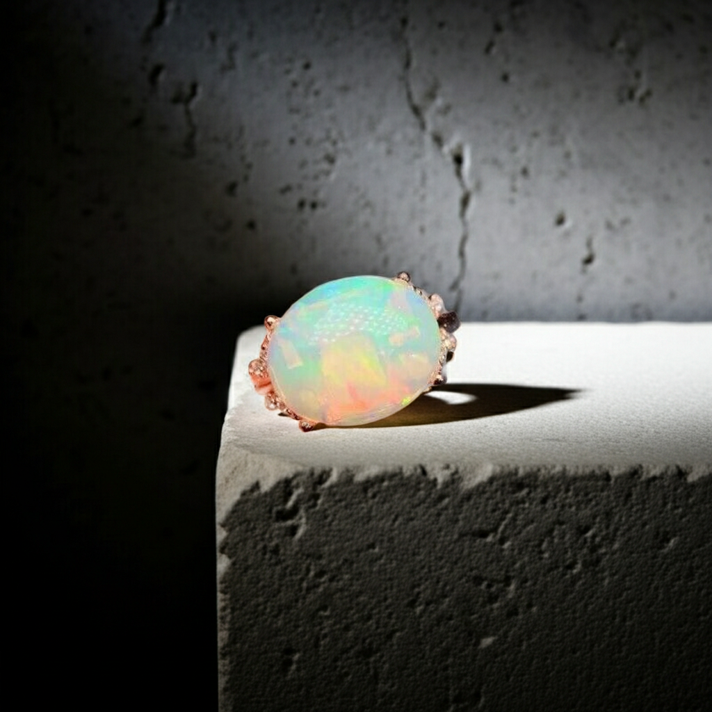 Horizontal White Fire Opal Gemstone Ring 925 Sterling Silver
