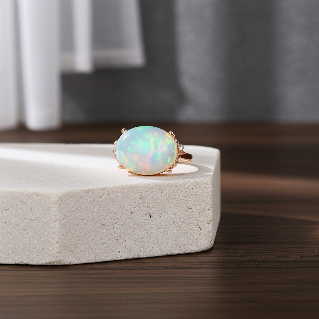 Horizontal White Fire Opal Gemstone Ring 925 Sterling Silver