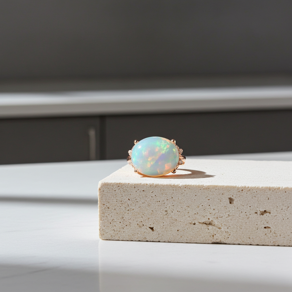 Horizontal White Fire Opal Gemstone Ring 925 Sterling Silver