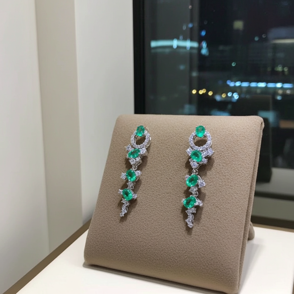 Natural Emerald Dangle Earrings 3x4mm Platinum Plated