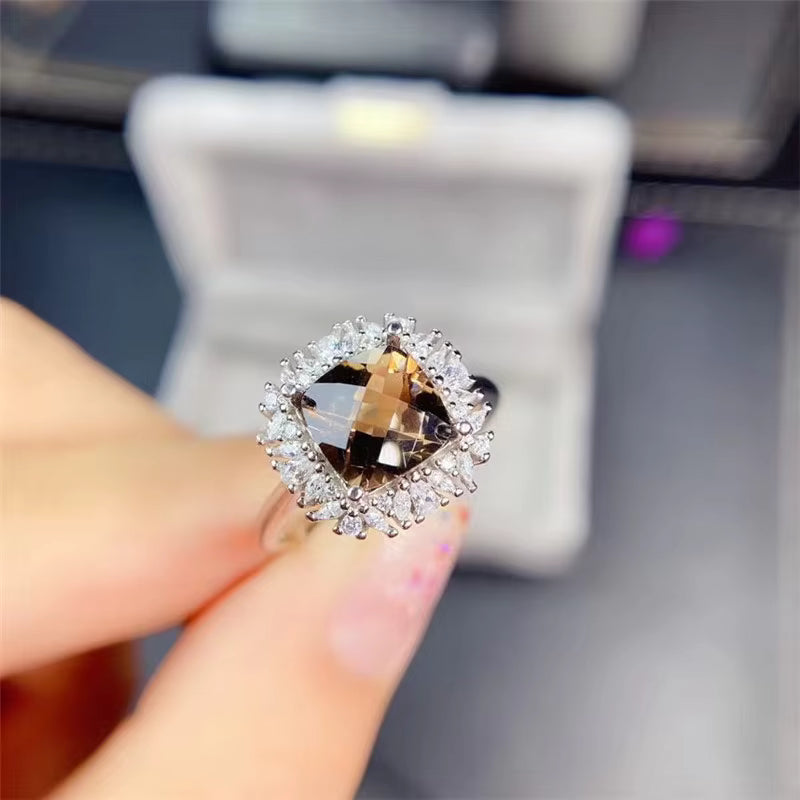 Natural Smoky Quartz Ring Cushion Cut 8mm 925 Sterling Silver