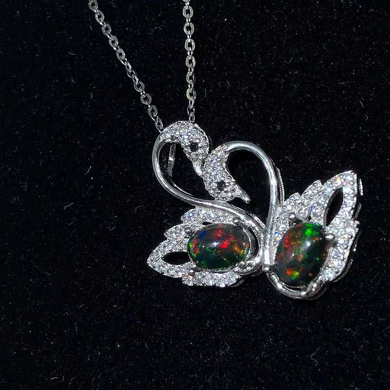 Colorful Black Opal Swan Necklace, Natural Fire Opal Pendant Necklace 5x7mm