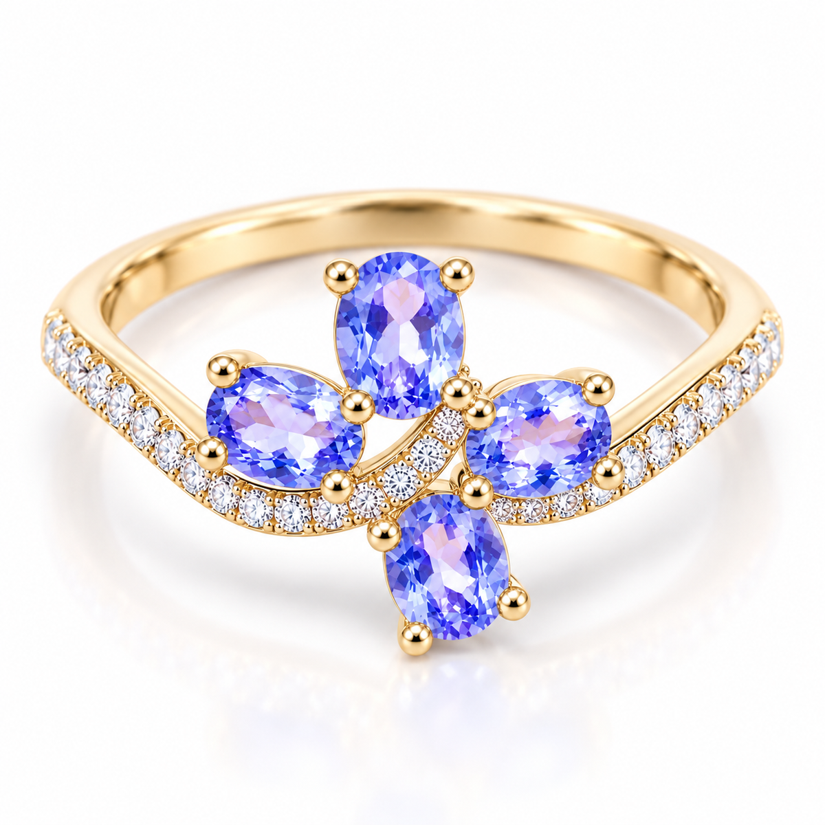 Top-down view of natural purple tanzanite floral-inspired ring featuring four 3×4mm oval gemstones