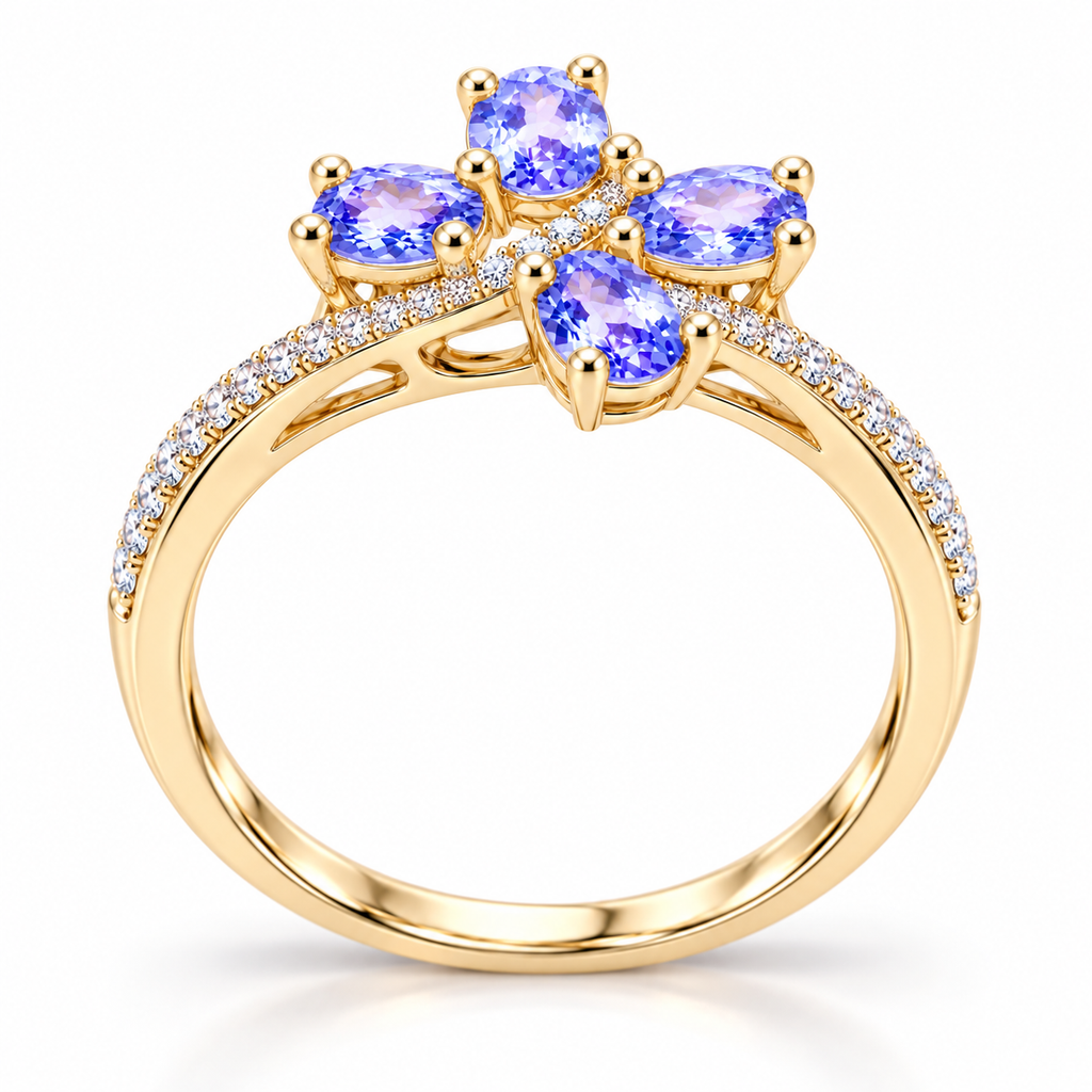 Side-angle view of natural purple tanzanite ring showing the gemstone setting and elegant band profile