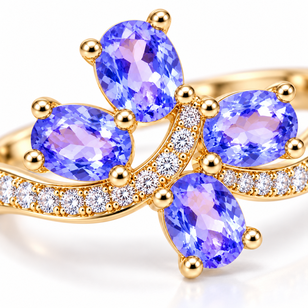 Macro close-up of natural purple tanzanite ring showing four 3×4mm faceted gemstones and detailed accent stones