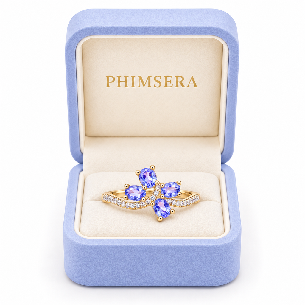 Phimsera natural purple tanzanite ring presented in a luxury Phimsera jewelry gift box