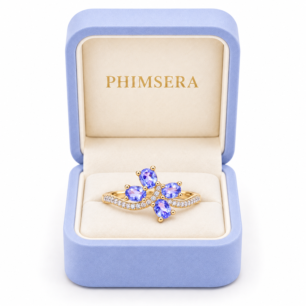 Phimsera natural purple tanzanite ring presented in a luxury Phimsera jewelry gift box