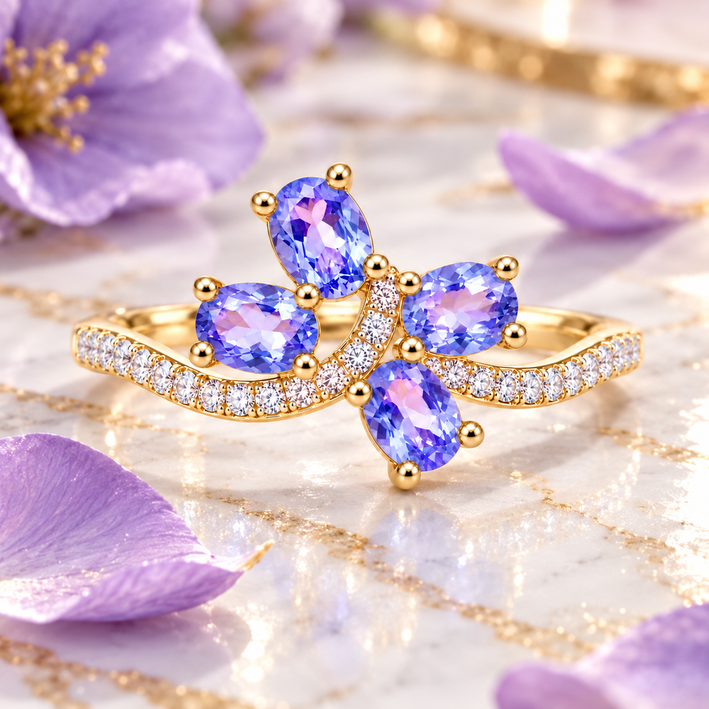 Natural purple tanzanite ring styled in an elegant luxury jewelry lifestyle setting