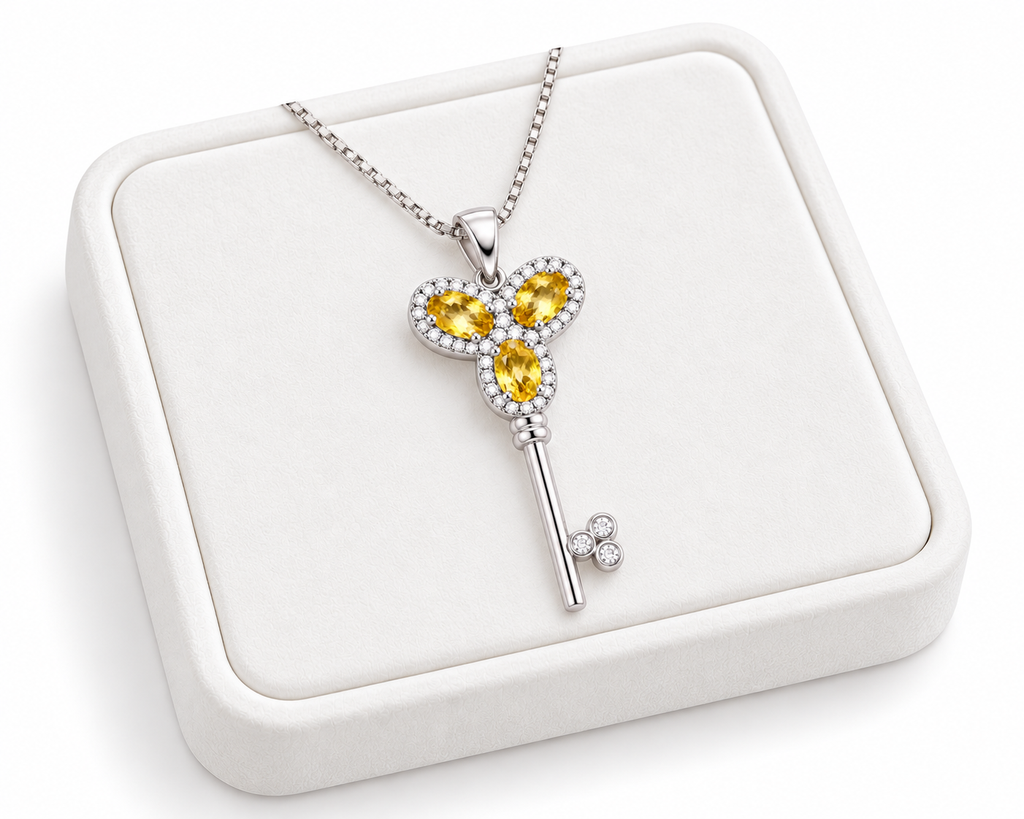 Phimsera natural citrine gemstone key-inspired necklace displayed on a white velvet jewelry tray.