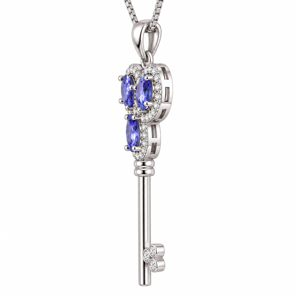 Side profile of the Phimsera natural purple tanzanite gemstone key-inspired necklace showing the pendant's visible structure and 925 Sterling Silver setting.
