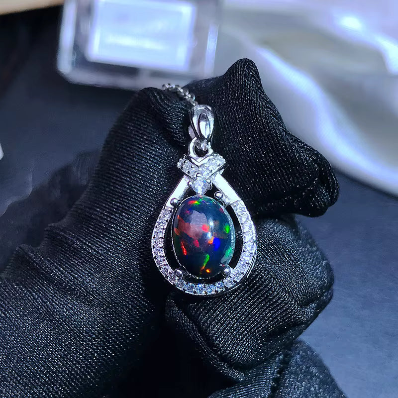 Colorful Black Opal Necklace, Natural Fire Opal Pendant Necklace 7x9mm