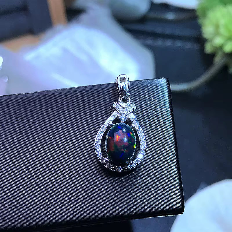 Colorful Black Opal Necklace, Natural Fire Opal Pendant Necklace 7x9mm