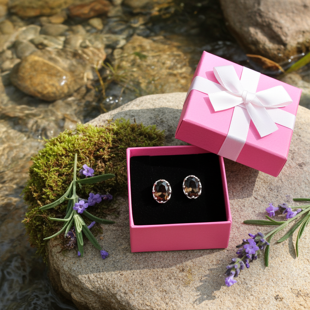 Natural 5x7mm Smoky Quartz Halo Stud Earrings in 925 Sterling Silver
