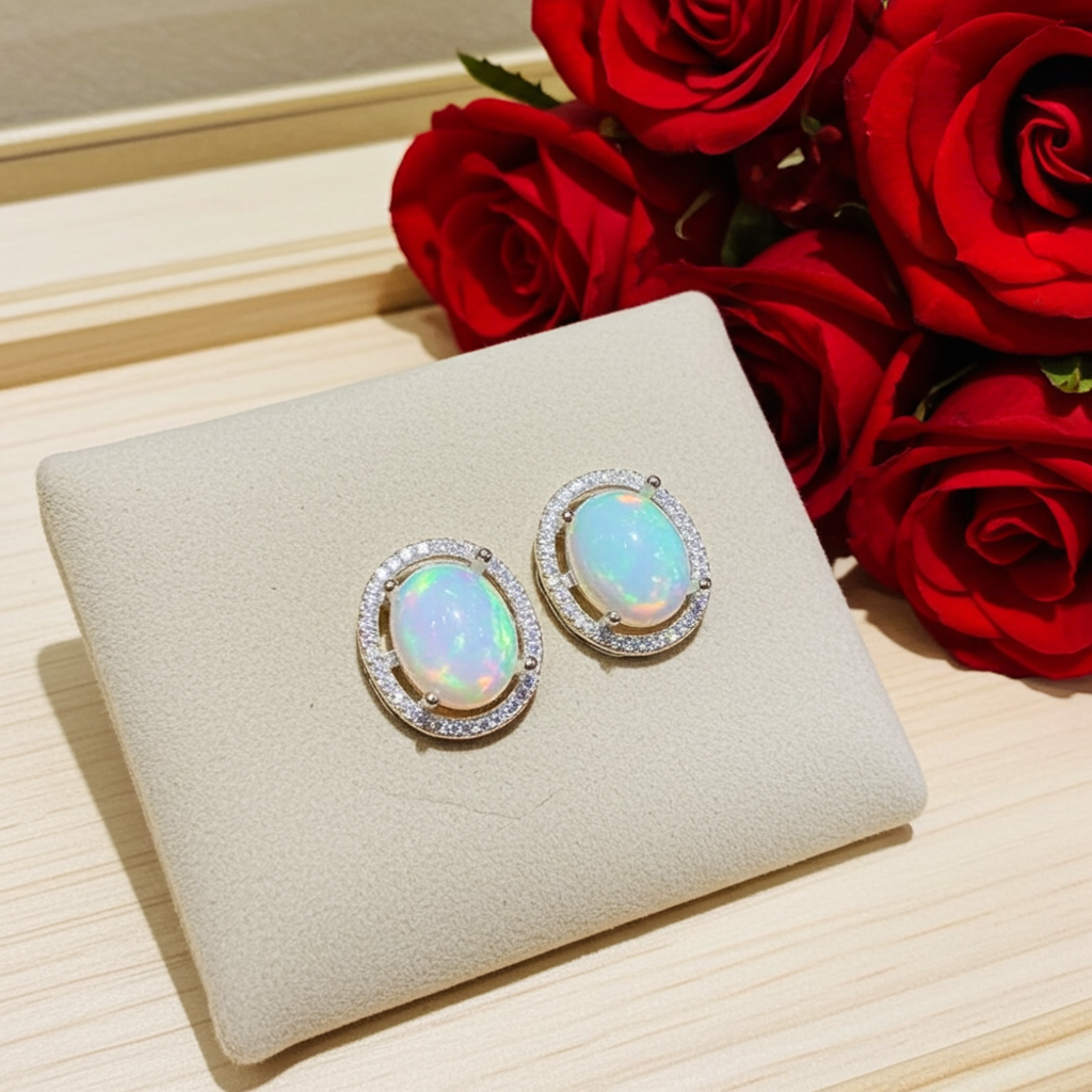 Australian Fire Opal Stud Earrings 8x10mm 925 Sterling Silver