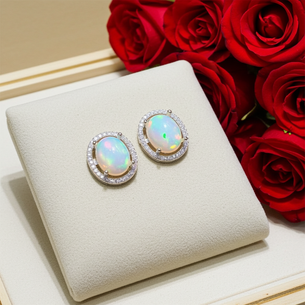 Australian Fire Opal Stud Earrings 8x10mm 925 Sterling Silver