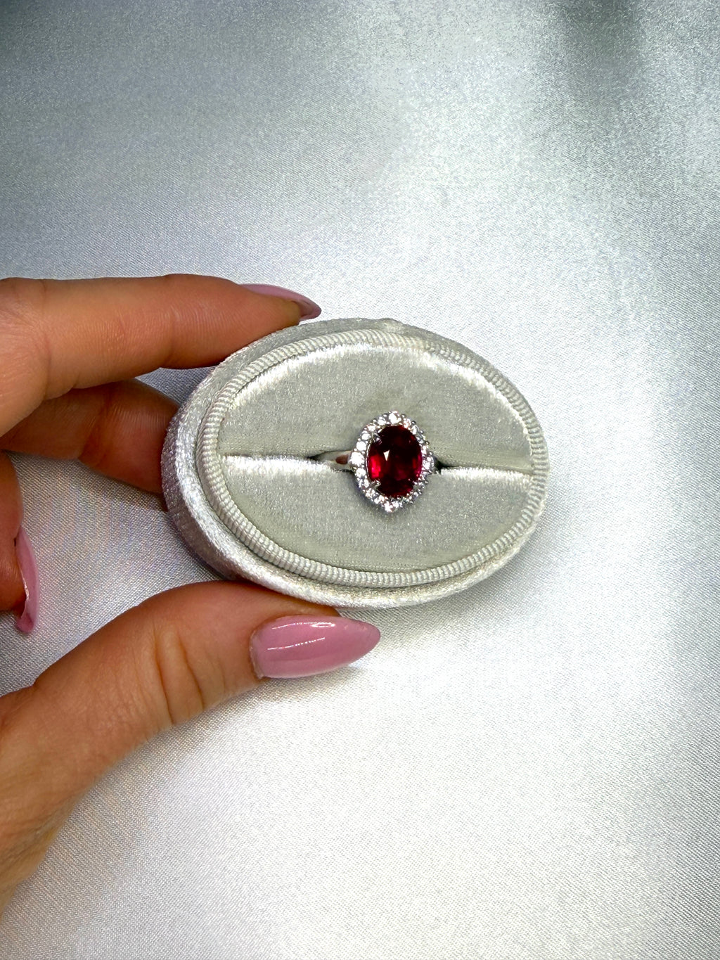 Natural Ruby Ring 3 CT 8x10mm Oval Ruby Halo Ring Sterling Silver July Birthstone