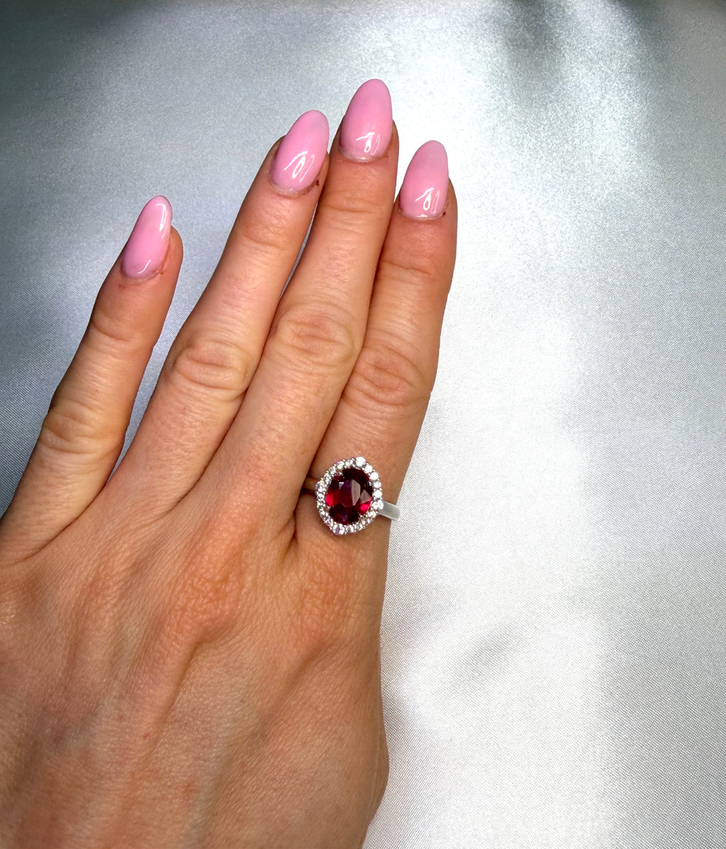 Natural Ruby Ring 3 CT 8x10mm Oval Ruby Halo Ring Sterling Silver July Birthstone