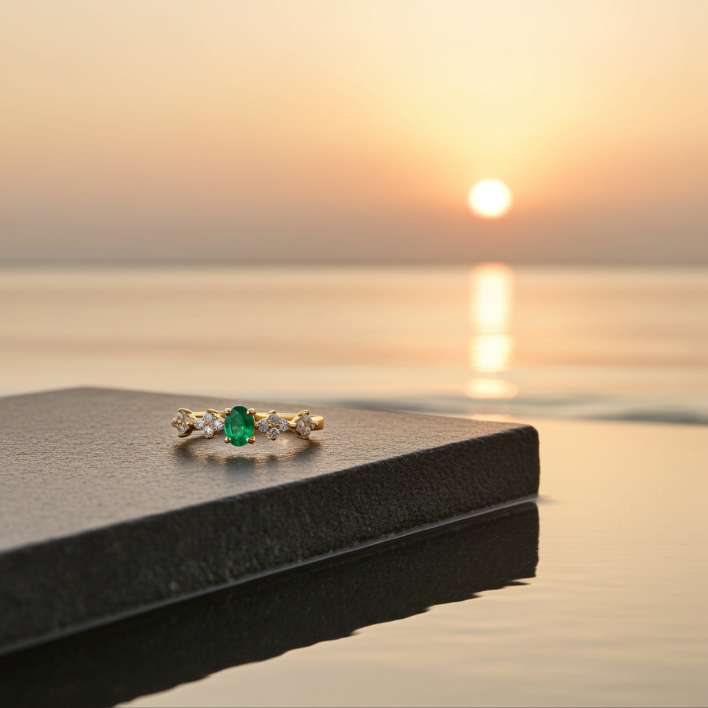 Dainty Emerald Floral Band Ring, Emerald Engagement Ring 4x5mm