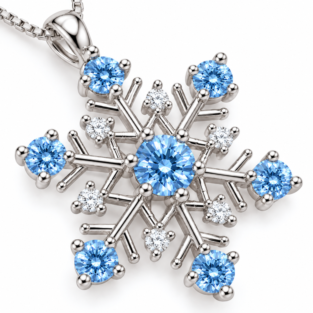 Macro close-up of an icy blue moissanite snowflake pendant showcasing the brilliant 4mm blue center gemstone, six sparkling 3mm icy blue moissanite stones, clear white cubic zirconia accents and intricate polished sterling silver snowflake detailing.