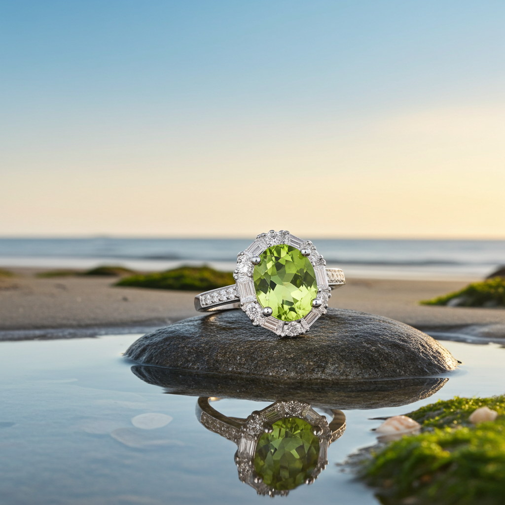 Natural Peridot Gemstone Ring 7x9mm 2CT, August Birthstone Peridot Ring