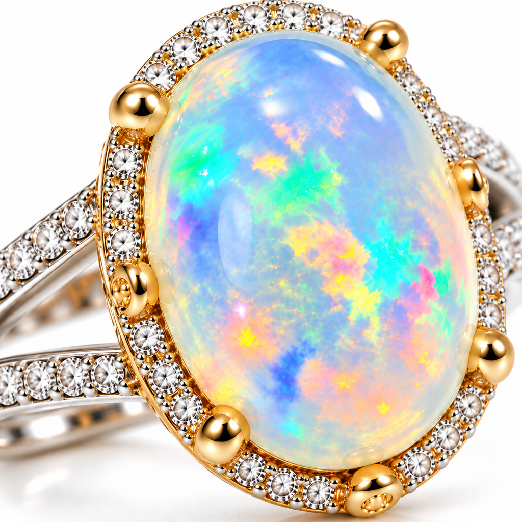 10×14mm Natural Australian White Fire Opal Ring – Oval Rainbow Opal Halo Ring in 925 Sterling Silver with Gold Accents