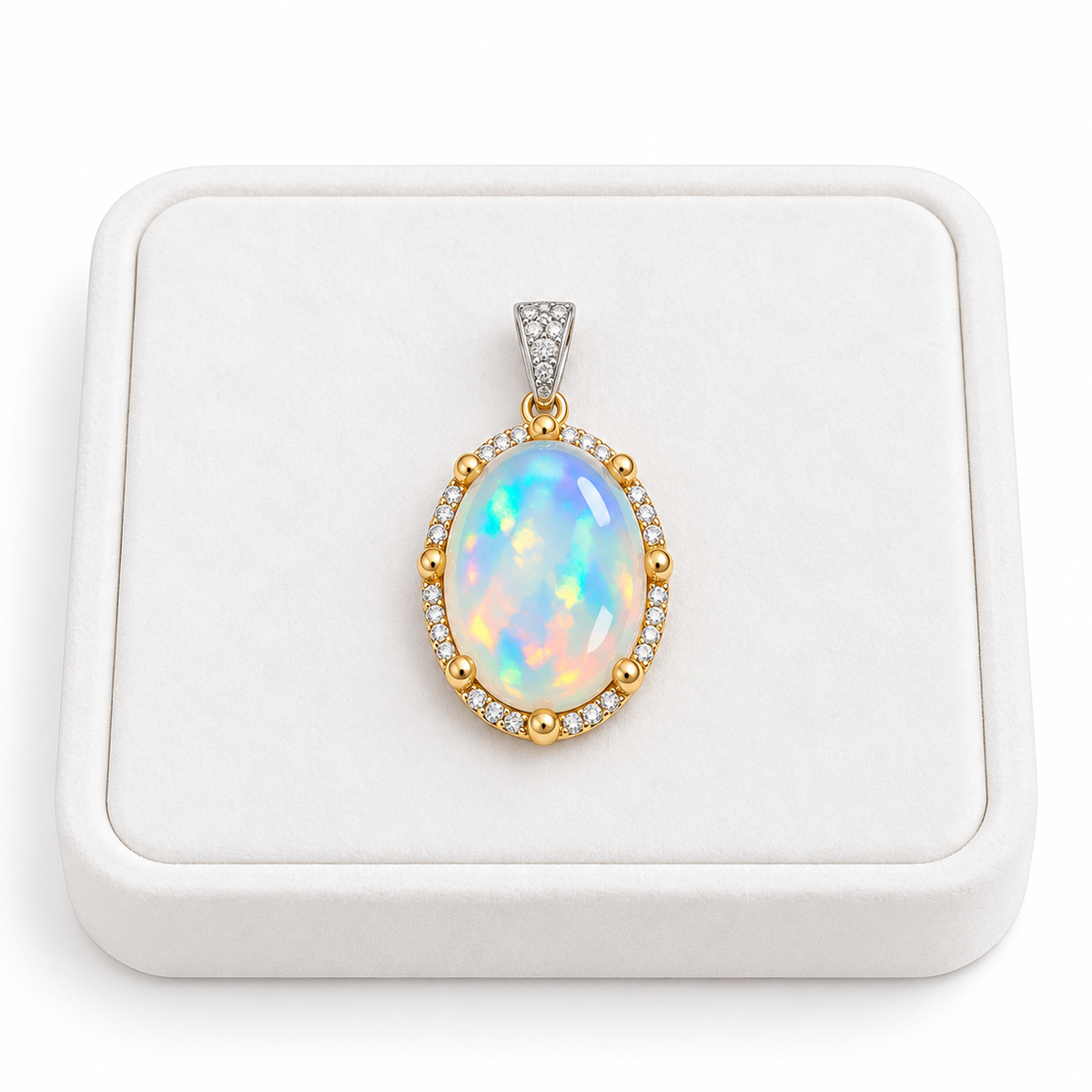 Natural Australian White Fire Opal Pendant 10×14mm Oval Rainbow Opal Halo in 925 Sterling Silver