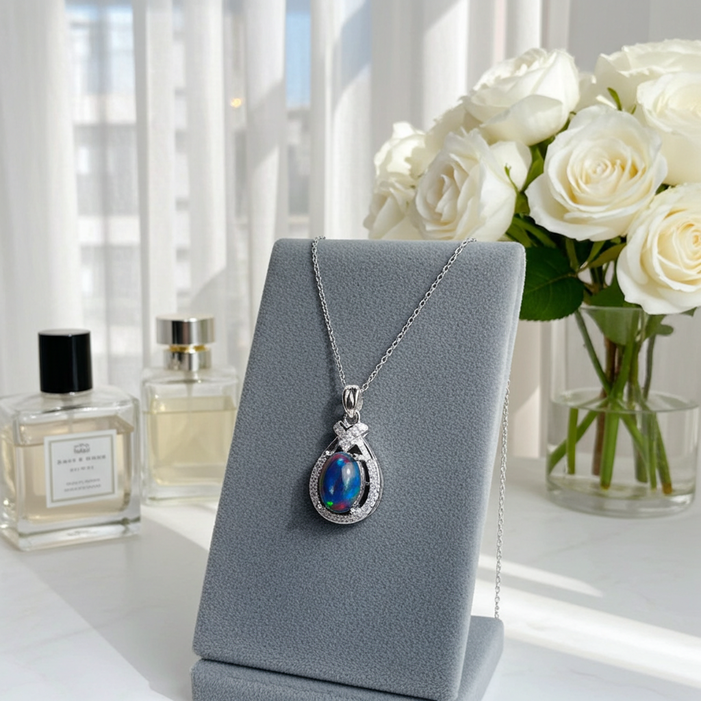 Natural Australian Black Fire Opal Necklace 7x9mm oval gemstone pendant in 925 sterling silver with platinum plated finish, colorful fire opal jewelry by PHIMSERA