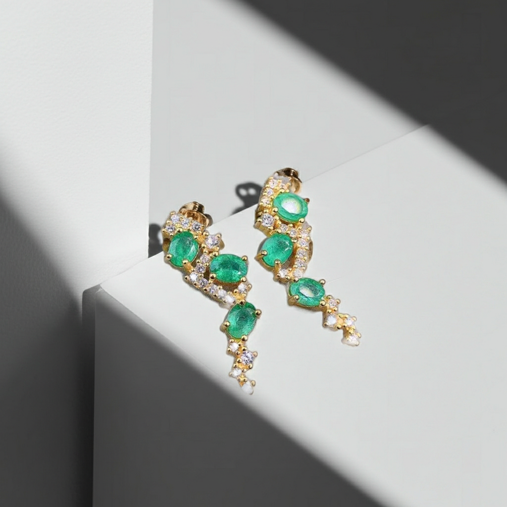 Natural Zambian Emerald Statement Earrings 3x4mm 14k Gold Plated
