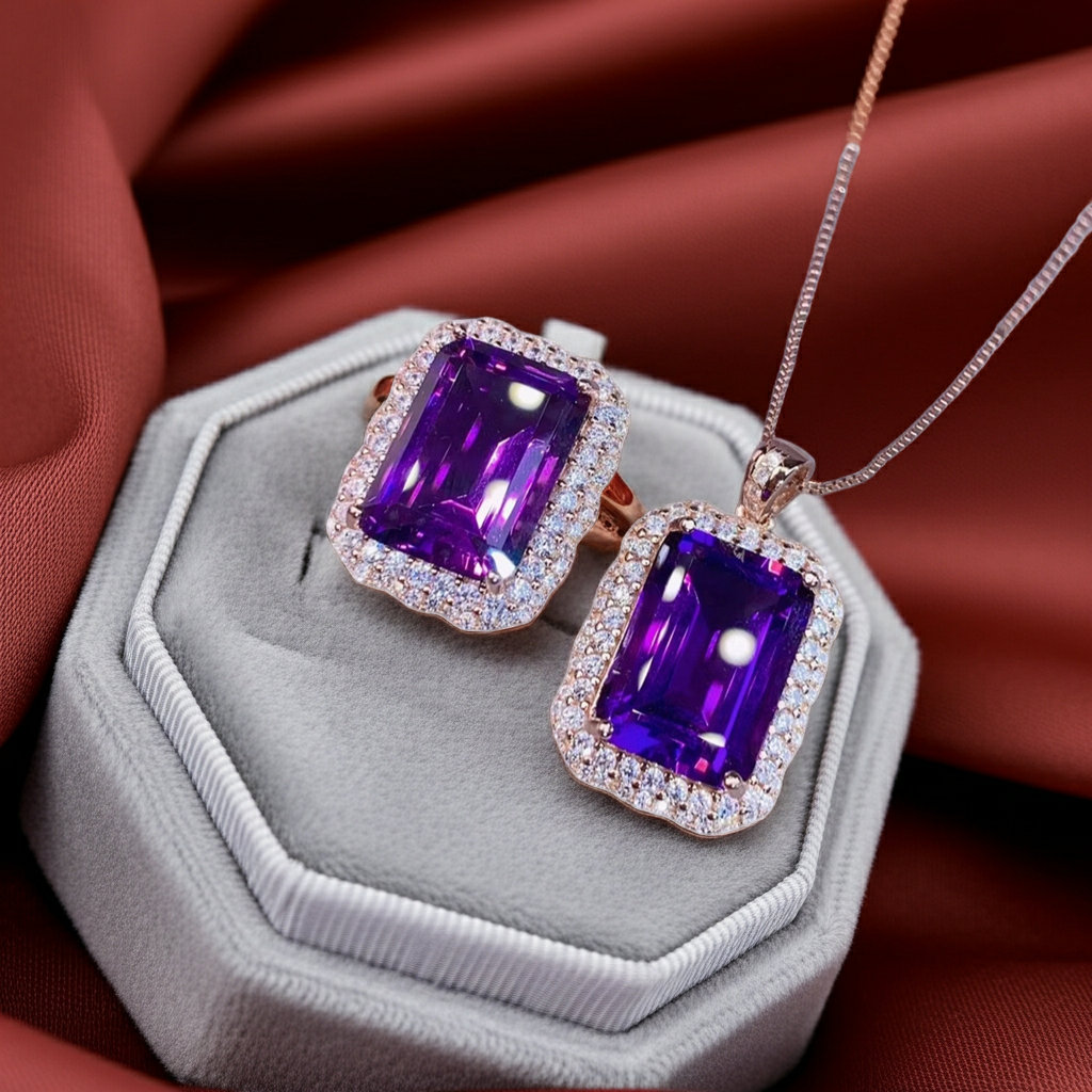 15CT Emerald Cut Amethyst Jewelry Set 10x14mm