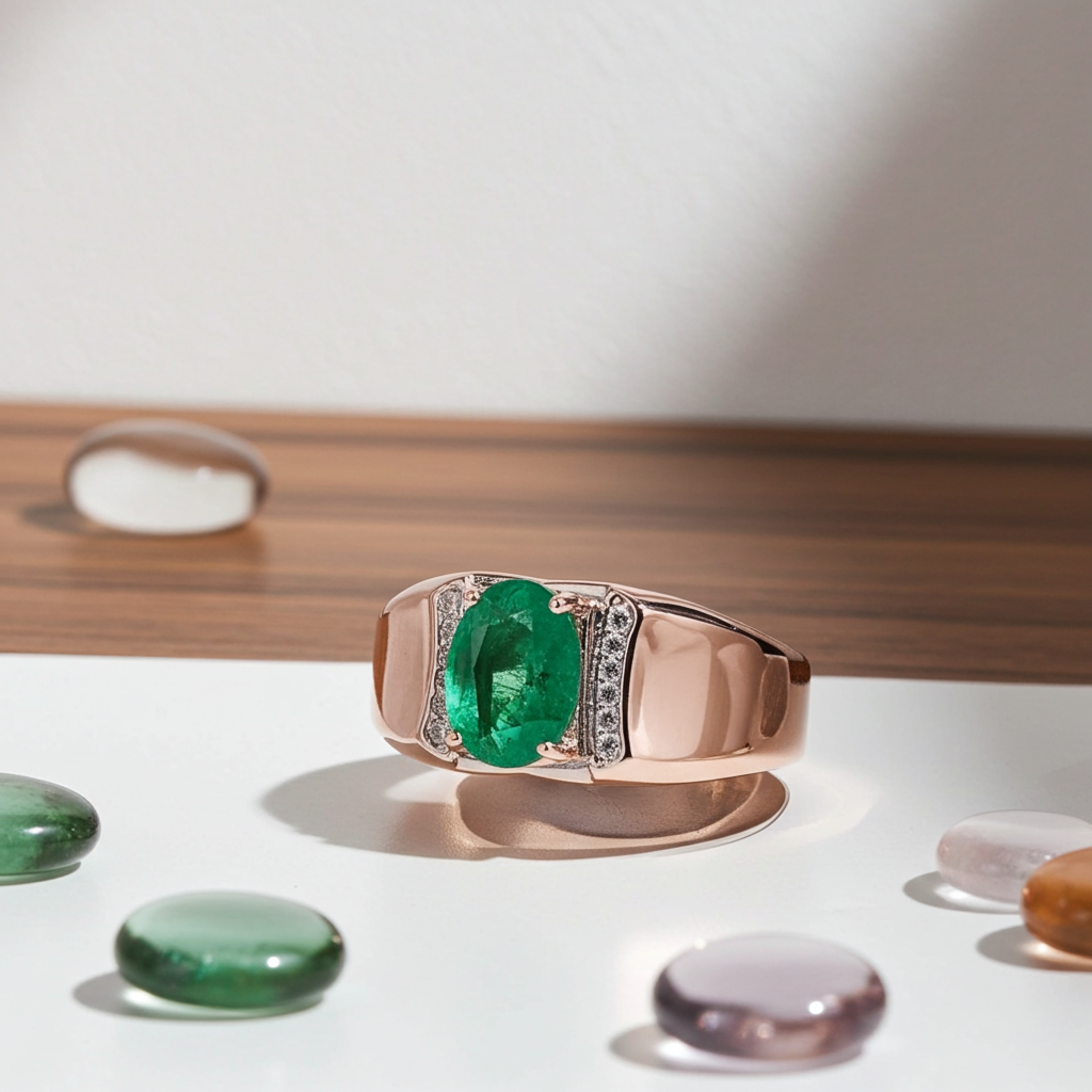 Men's Emerald Ring, Natural Emerald Gemstone Ring for Men 5x7mm Sterling Silver