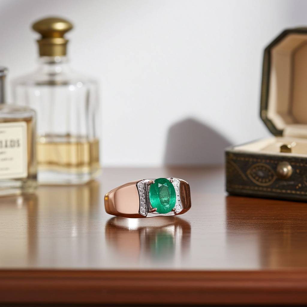 Men's Emerald Ring, Natural Emerald Gemstone Ring for Men 5x7mm Sterling Silver