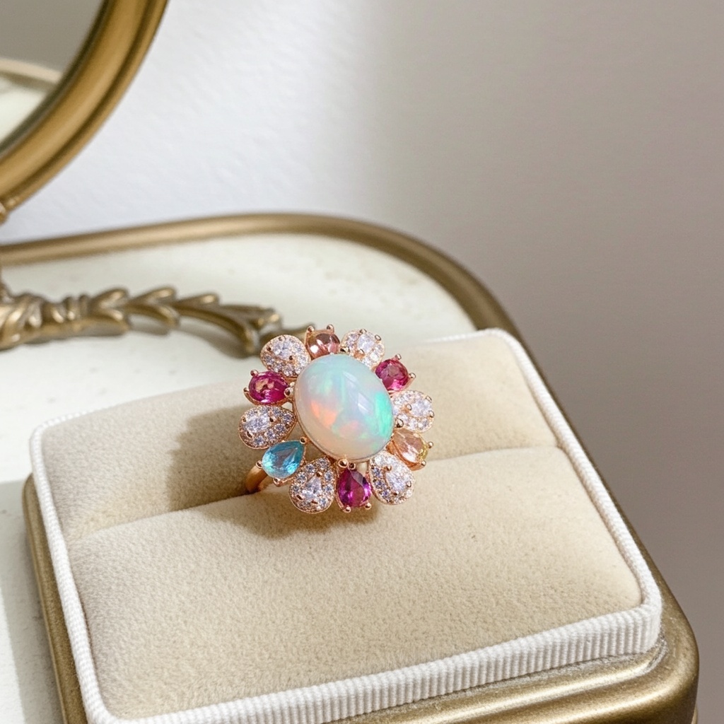 Ruby Sapphire Peridot Topaz and Opal Gemstone Ring