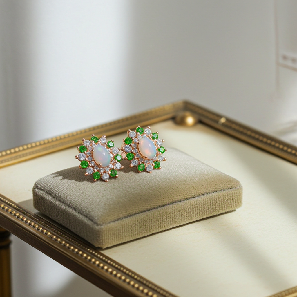 White Fire Opal and Chrome Diopside Flower Stud Earrings