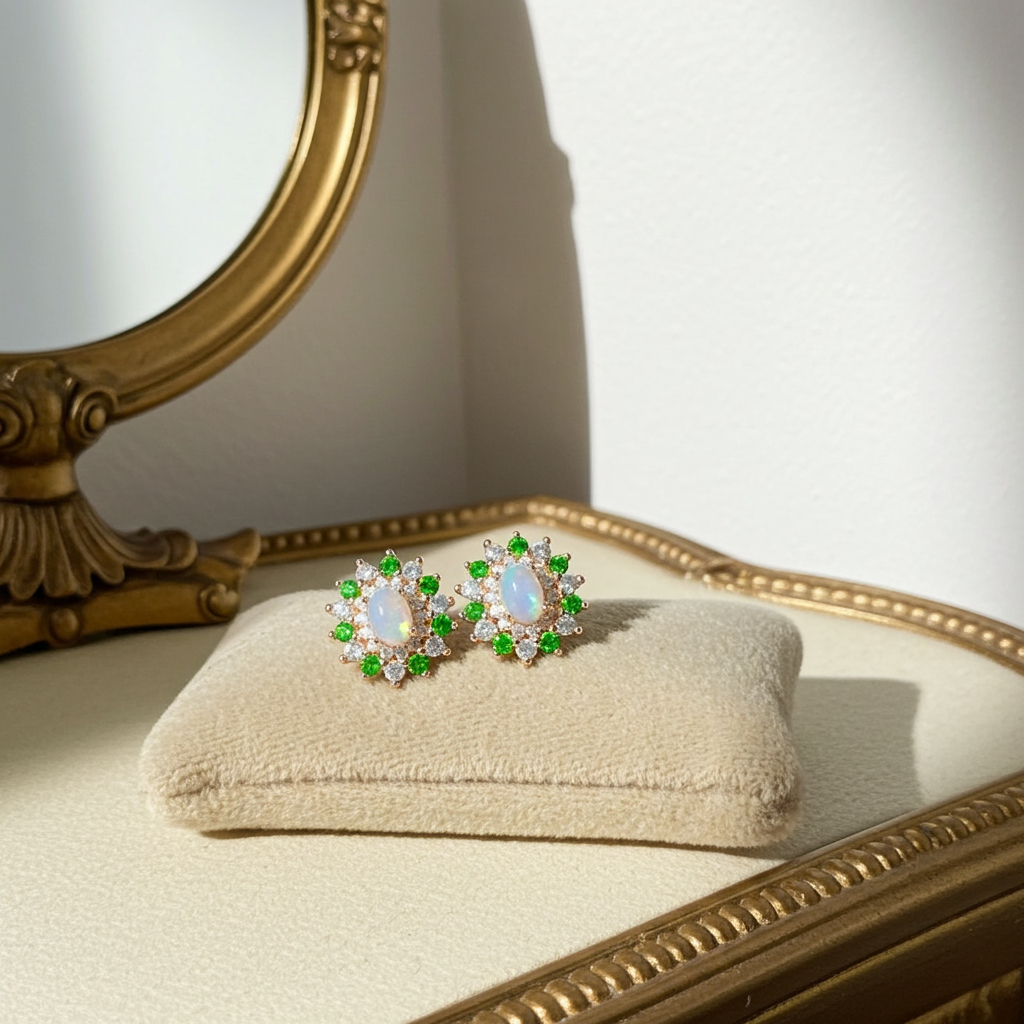 White Fire Opal and Chrome Diopside Flower Stud Earrings