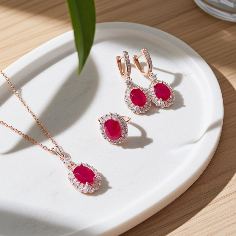 Natural Ruby Jewelry Set 6x8mm Pendant, Earrings, and Ring