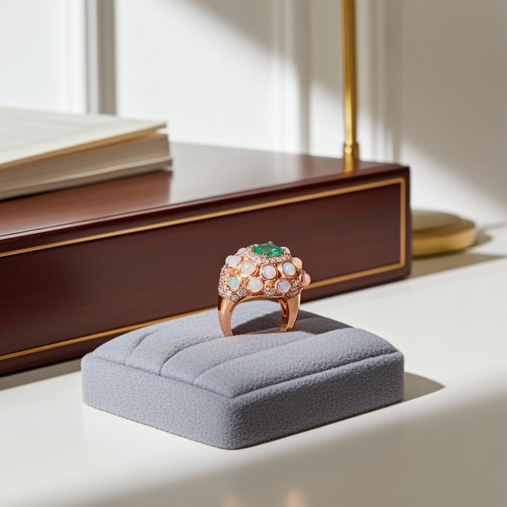 Fire Opal and Colombian Emerald Gemstone Statement Ring