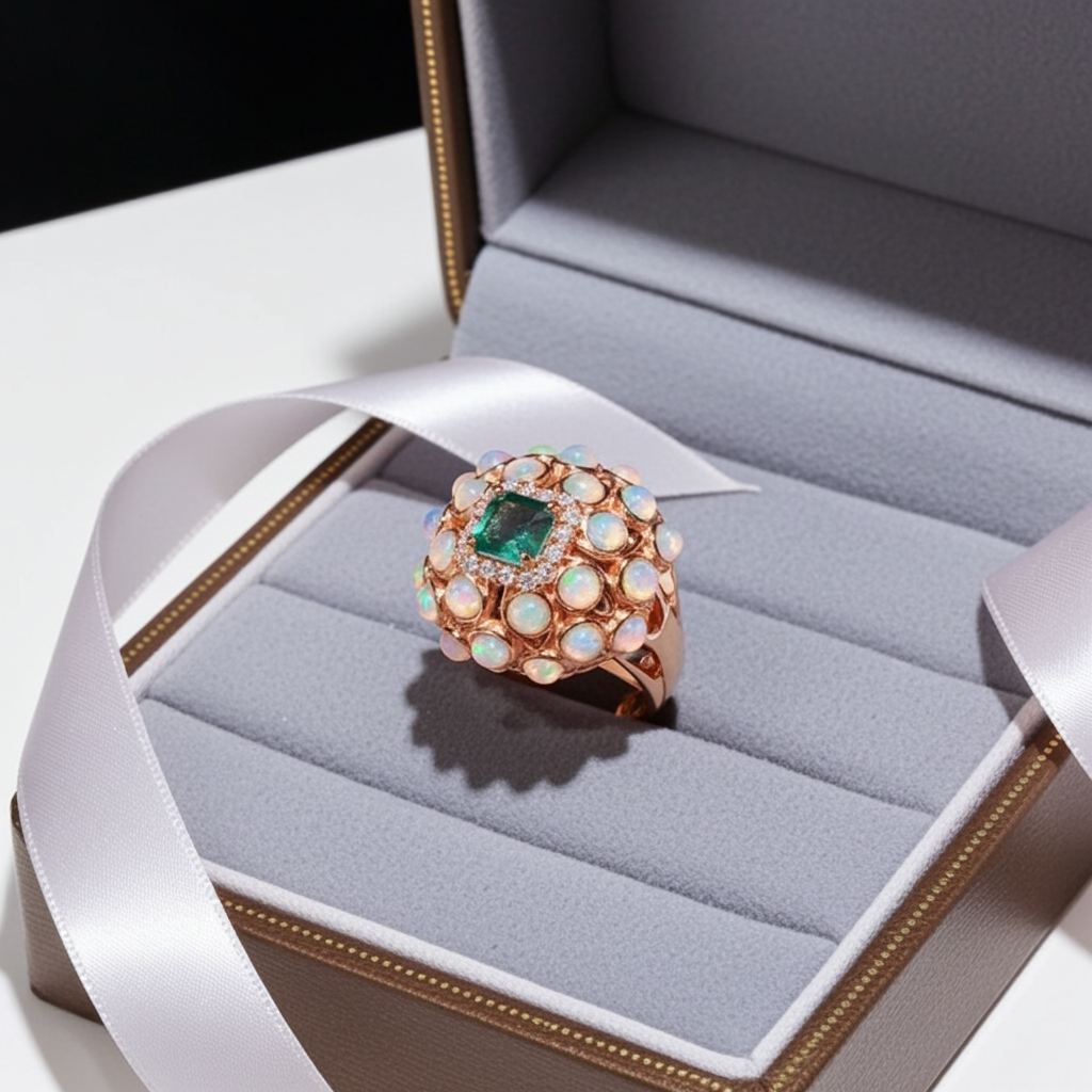 Fire Opal and Colombian Emerald Gemstone Statement Ring