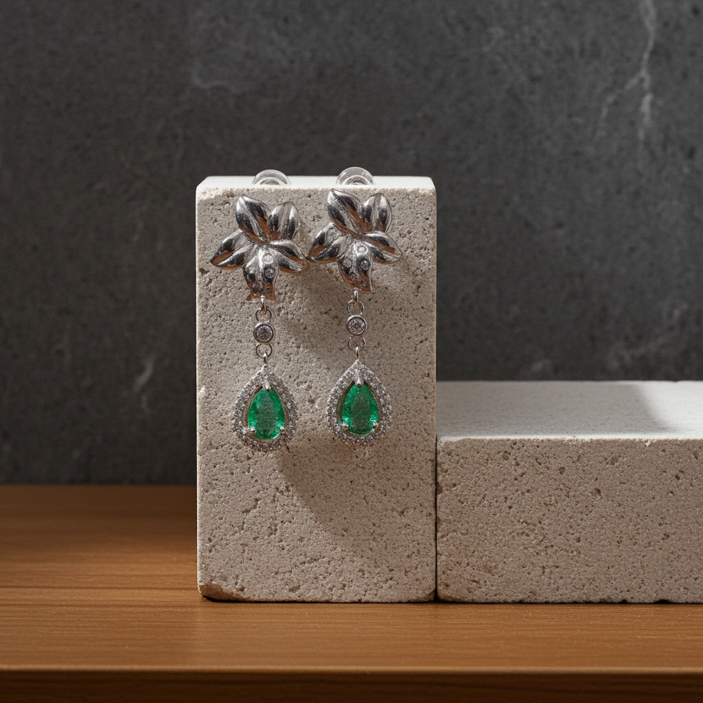 Natural Emerald Flower Dangle Earrings 4x6mm Platinum Plated