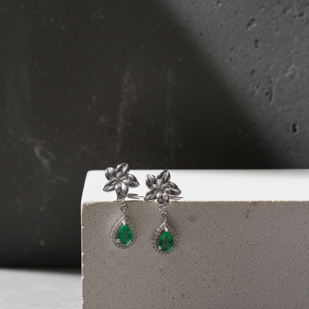Natural Emerald Flower Dangle Earrings 4x6mm Platinum Plated