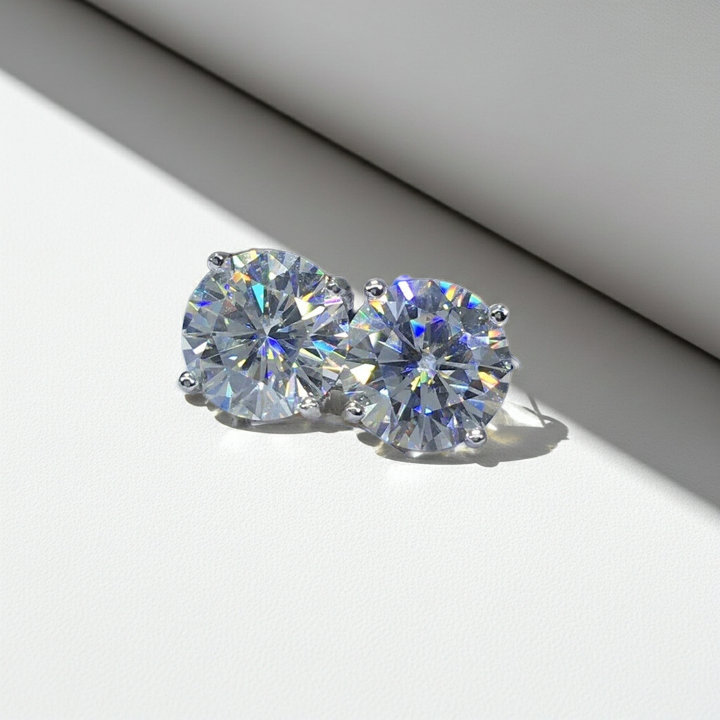 VVS1 Round Brilliant Cut White Moissanite Stud Earrings 1CT, 2CT or 3CT