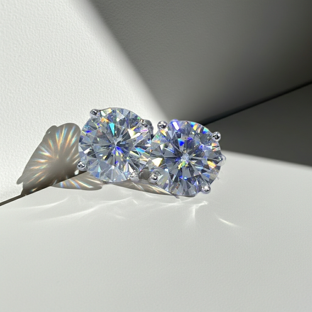 VVS1 Round Brilliant Cut White Moissanite Stud Earrings 1CT, 2CT or 3CT