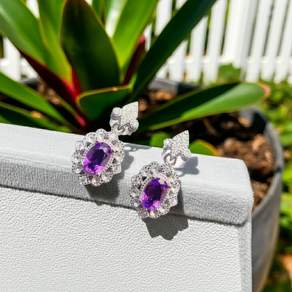 Amethyst Dangle Earrings 4x6mm Platinum Plated
