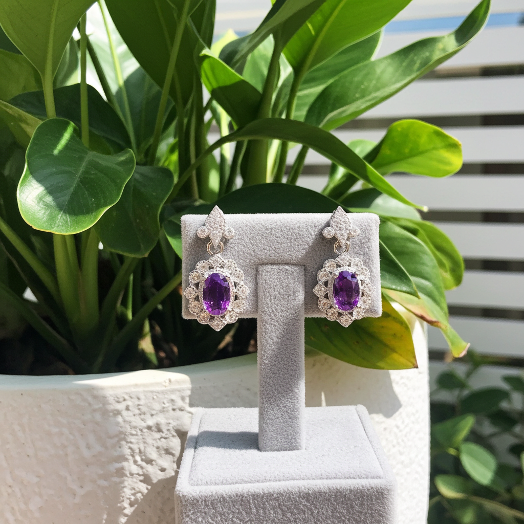 Amethyst Dangle Earrings 4x6mm Platinum Plated