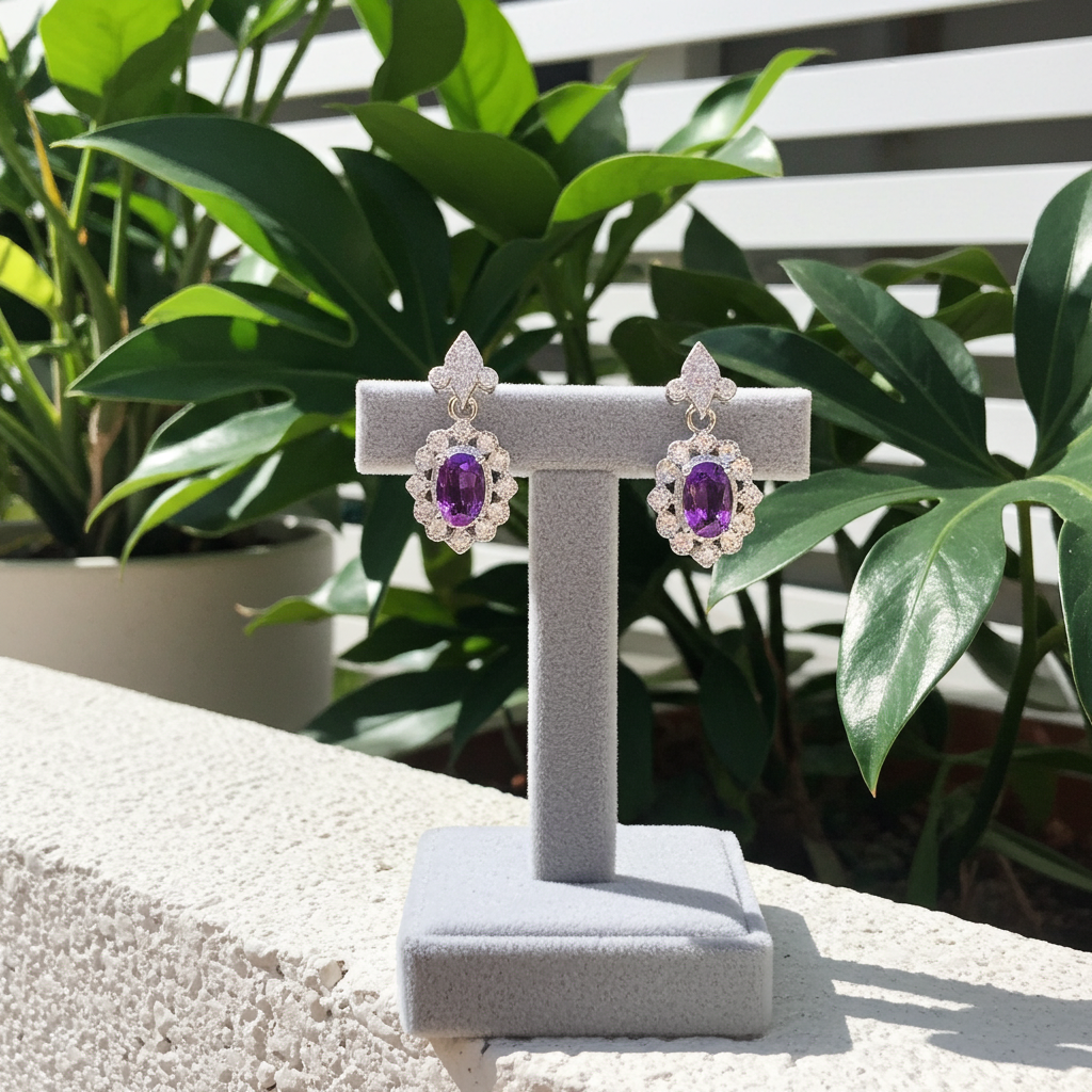 Amethyst Dangle Earrings 4x6mm Platinum Plated
