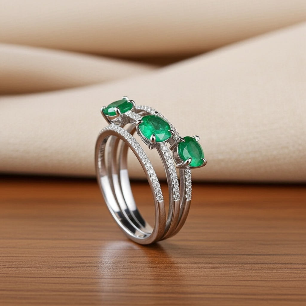 3 Layer Emerald Gemstone Band Ring 3x4mm Sterling Silver