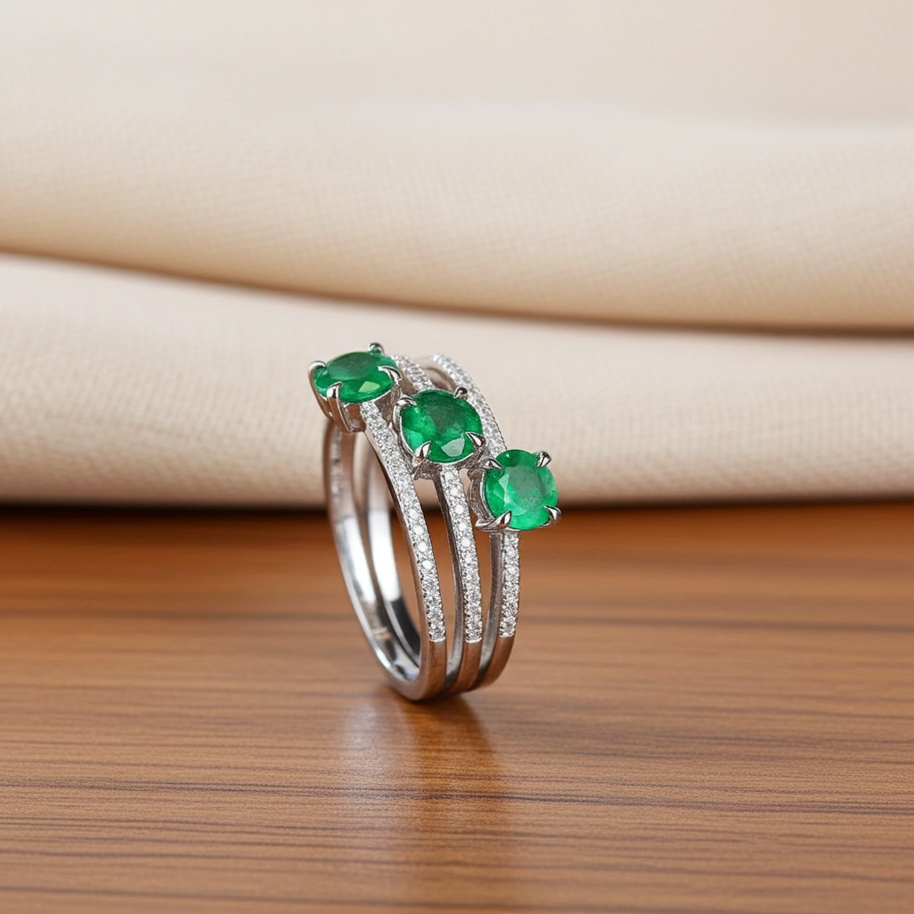 3 Layer Emerald Gemstone Band Ring 3x4mm Sterling Silver