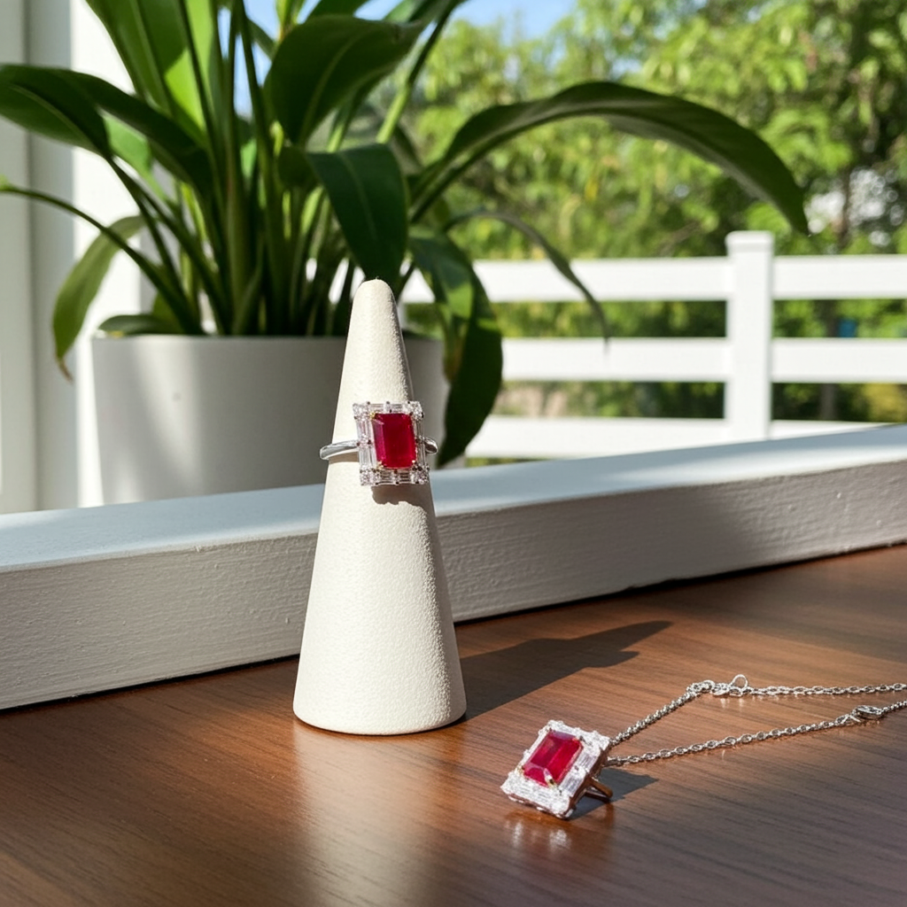Natural Ruby Jewelry Set, Women's Ruby Pendant and Ring, Ruby Ring and Pendant