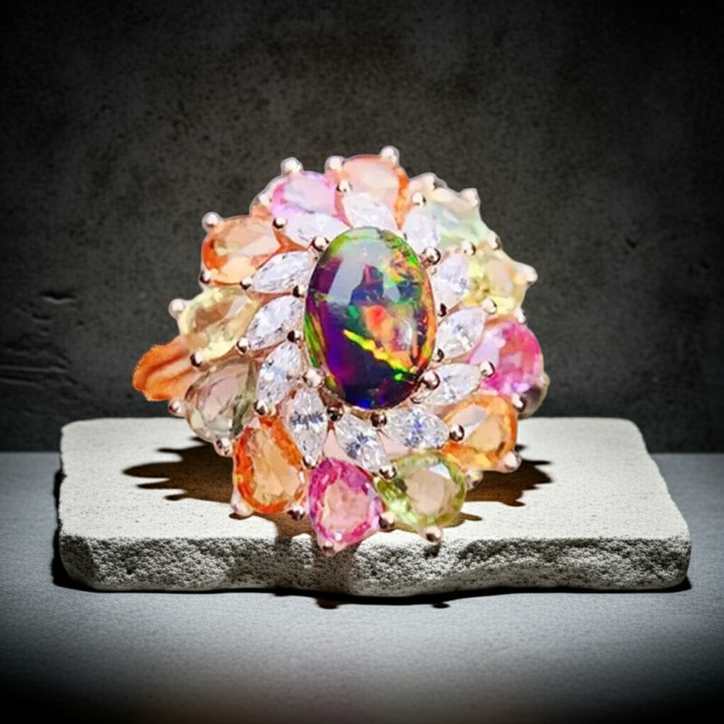 Black Fire Opal and Sapphire Cluster Statement Ring 925 Sterling Silver