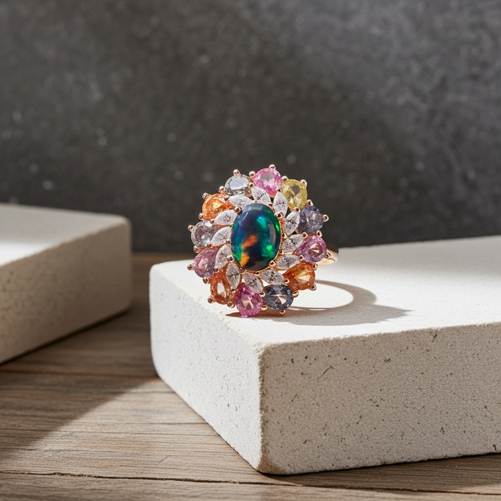 Black Fire Opal and Sapphire Cluster Statement Ring 925 Sterling Silver